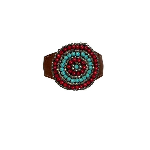 Beaded Cuff Bracelet Adjustable Band Silver, Red and Turquoise Colored Beads - Picture 2 of 5